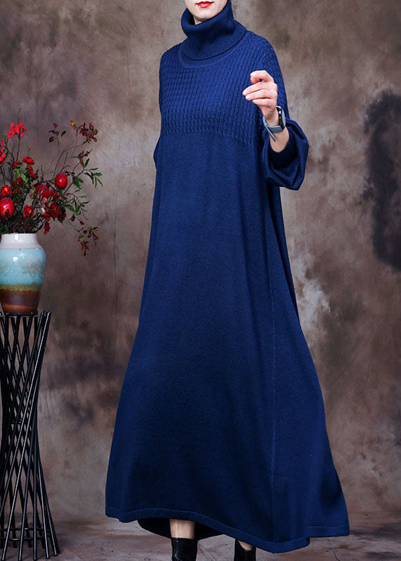 Plus Size Blaues Rollkragen-Langstrickkleid Winter