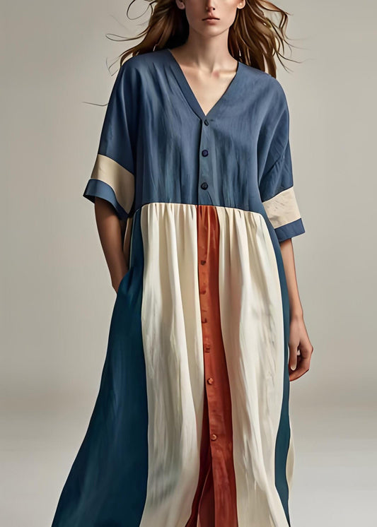 Plus Size Blau V-Ausschnitt Knopf Patchwork Baumwolle Kleider Sommer