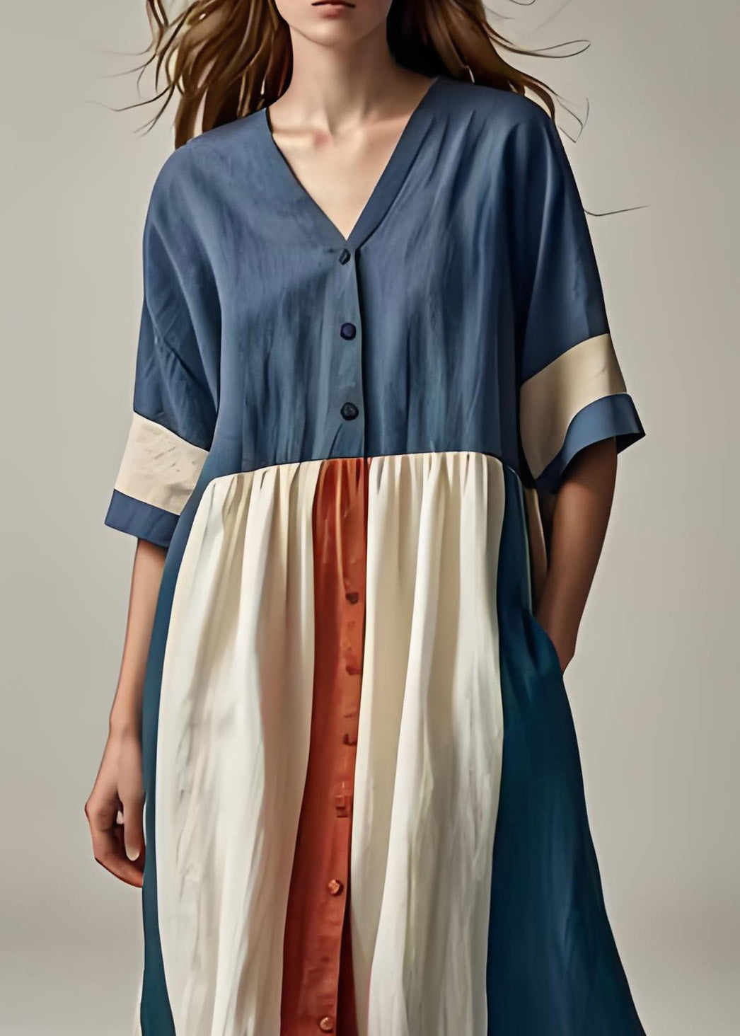 Plus Size Blau V-Ausschnitt Knopf Patchwork Baumwolle Kleider Sommer