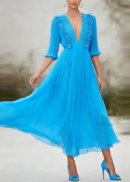 Plus Size Blue V Neck Floral Patchwork Chiffon Ankle Dress Summer