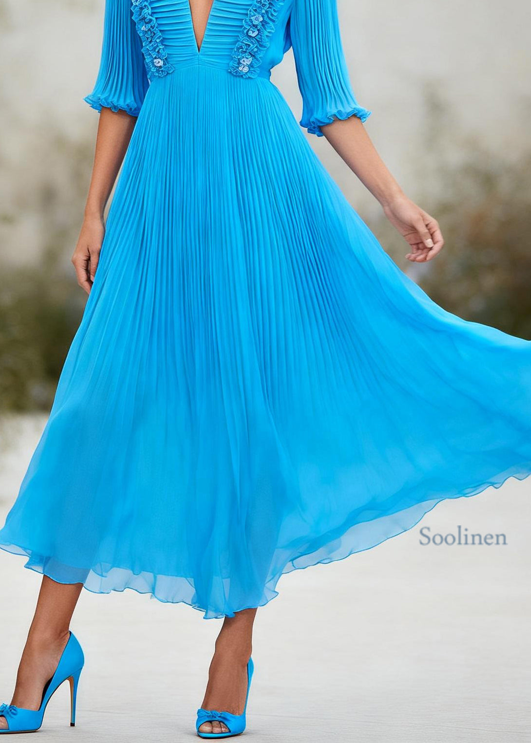 Plus Size Blue V Neck Floral Patchwork Chiffon Ankle Dress Summer