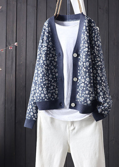 Plus Size Blau V-Ausschnitt Print Button Strick Cardigans Frühling