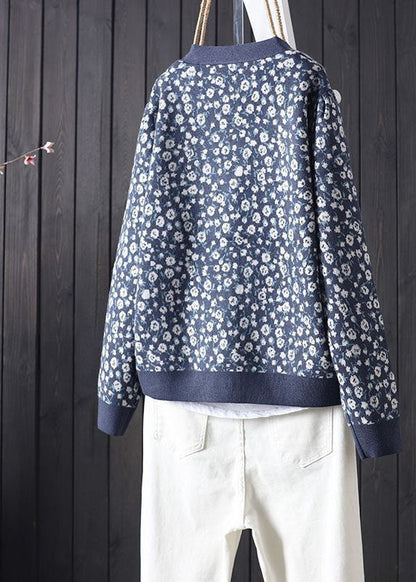 Plus Size Blau V-Ausschnitt Print Button Strick Cardigans Frühling