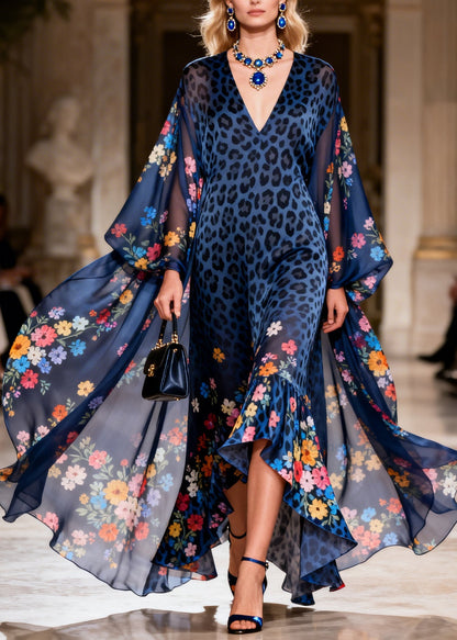 Plus Size Blue V Neck Print Ruffled Chiffon Long Dresses Summer