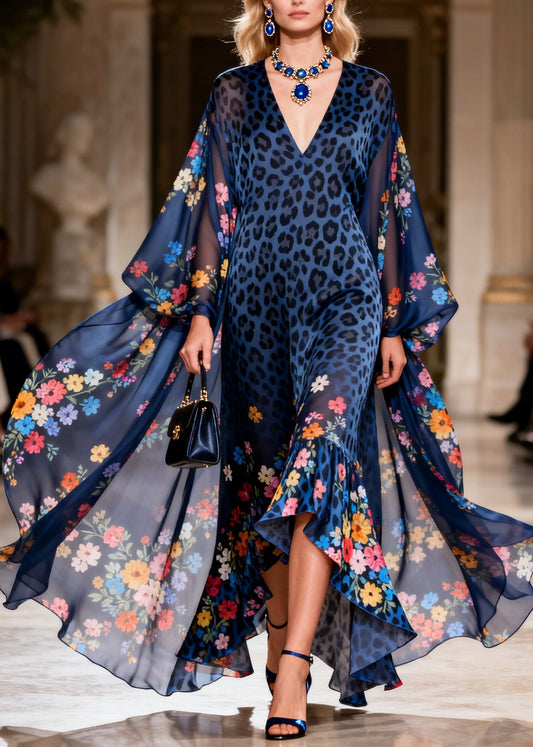 Plus Size Blue V Neck Print Ruffled Chiffon Long Dresses Summer