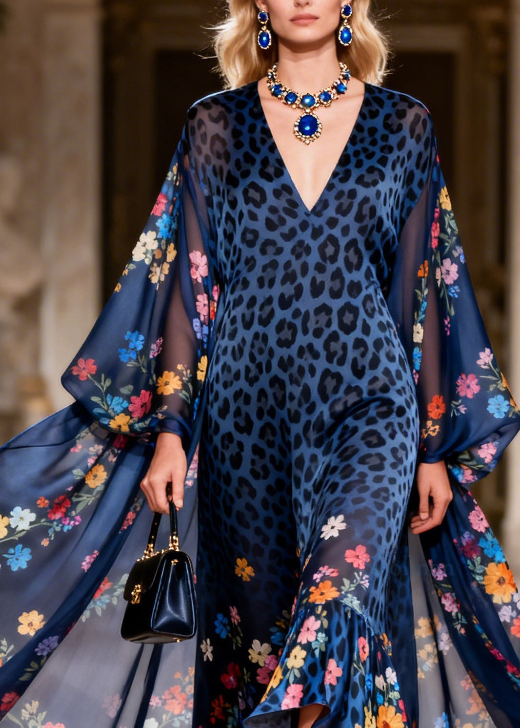 Plus Size Blue V Neck Print Ruffled Chiffon Long Dresses Summer