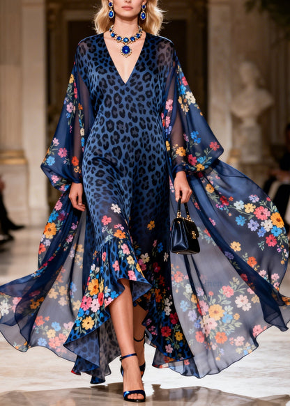 Plus Size Blue V Neck Print Ruffled Chiffon Long Dresses Summer