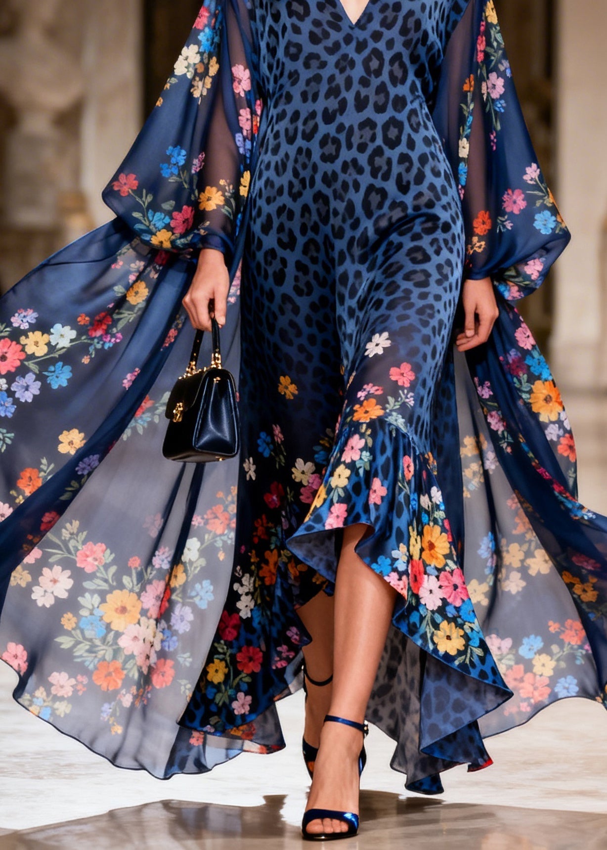 Plus Size Blue V Neck Print Ruffled Chiffon Long Dresses Summer