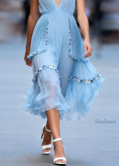 Plus Size Blue V Neck Ruffled Patchwork Chiffon Dresses Sleeveless