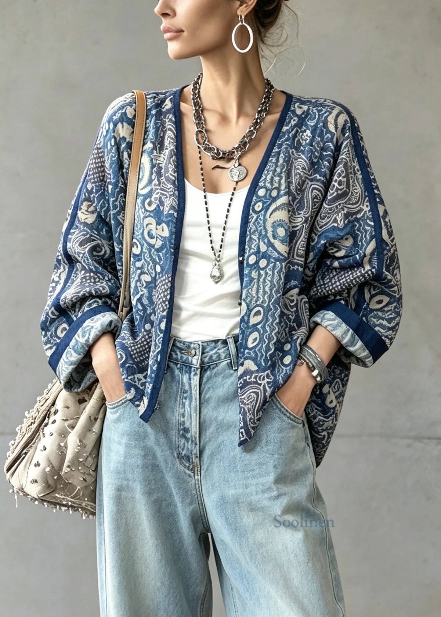 Plus Size Blue V Neck Tie Dye Linen Cardigans Lantern Sleeve