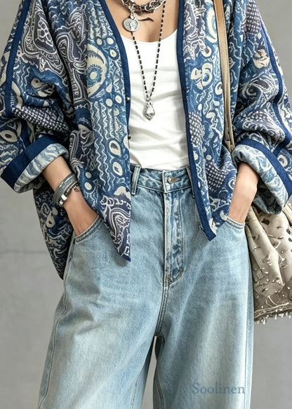 Plus Size Blue V Neck Tie Dye Linen Cardigans Lantern Sleeve