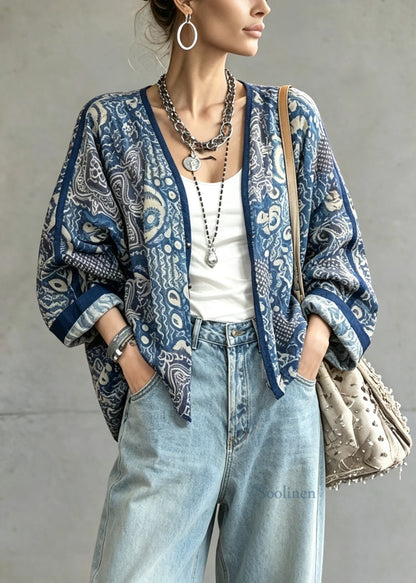 Plus Size Blue V Neck Tie Dye Linen Cardigans Lantern Sleeve