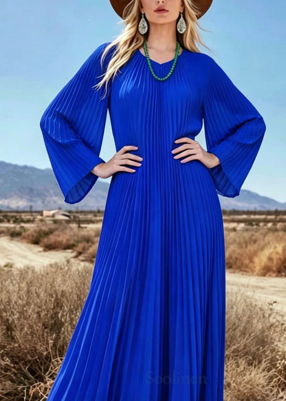 Plus Size Blue V Neck Wrinkled Chiffon Long Dresses Summer