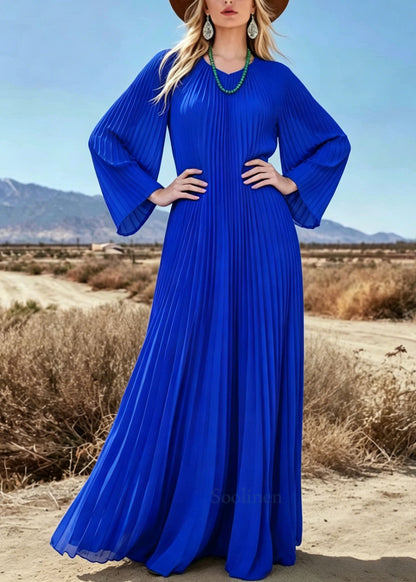 Plus Size Blue V Neck Wrinkled Chiffon Long Dresses Summer