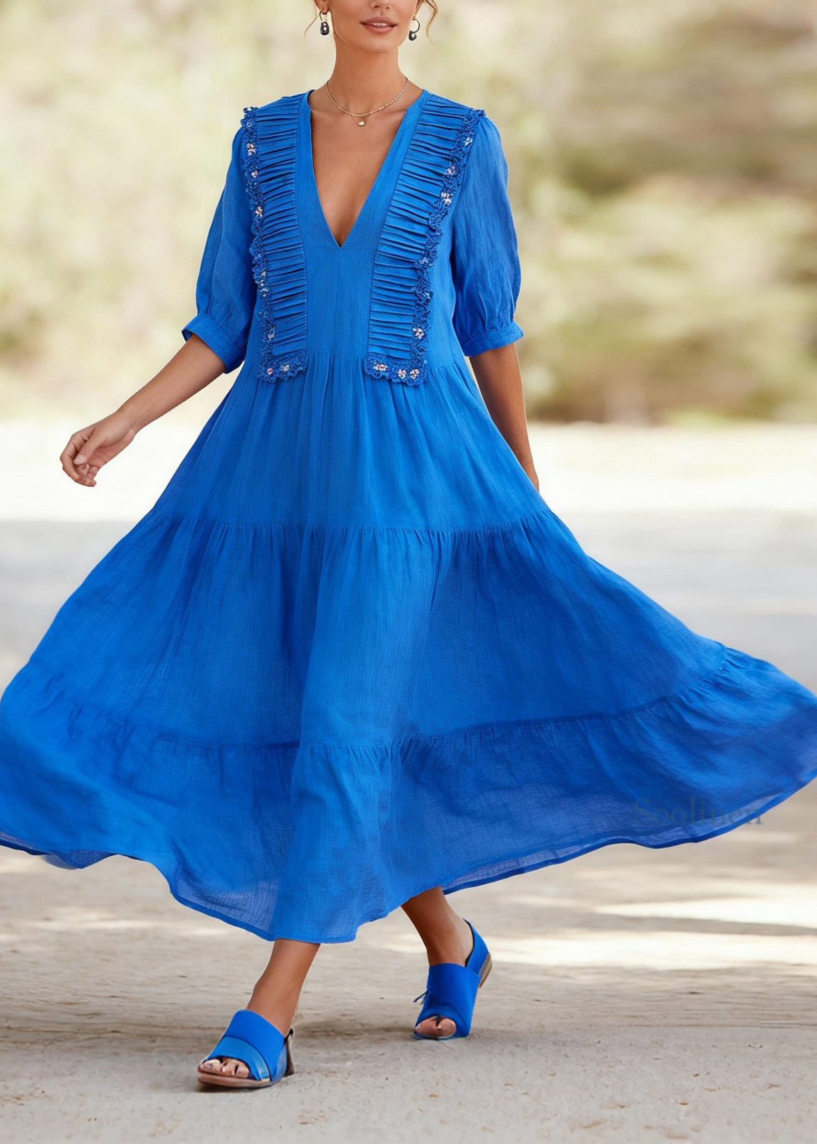 Plus Size Blue V Neck Wrinkled Floral Cotton Dress Summer