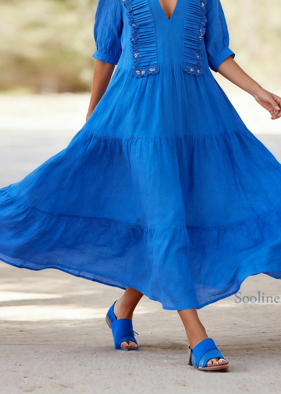Plus Size Blue V Neck Wrinkled Floral Cotton Dress Summer