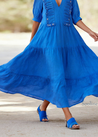 Plus Size Blue V Neck Wrinkled Floral Cotton Dress Summer