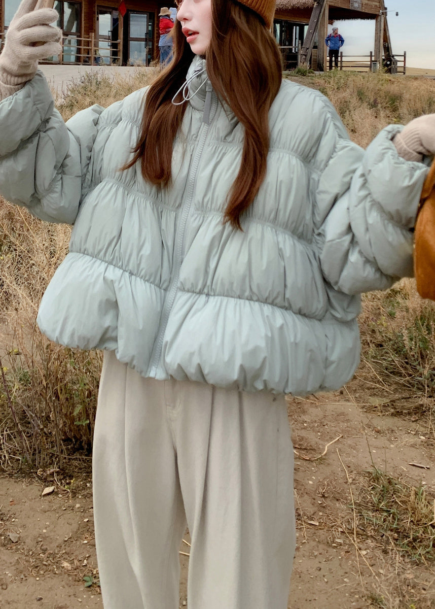 Abrigo acolchado de plumón de pato con cordón y arrugas azules de talla grande para invierno