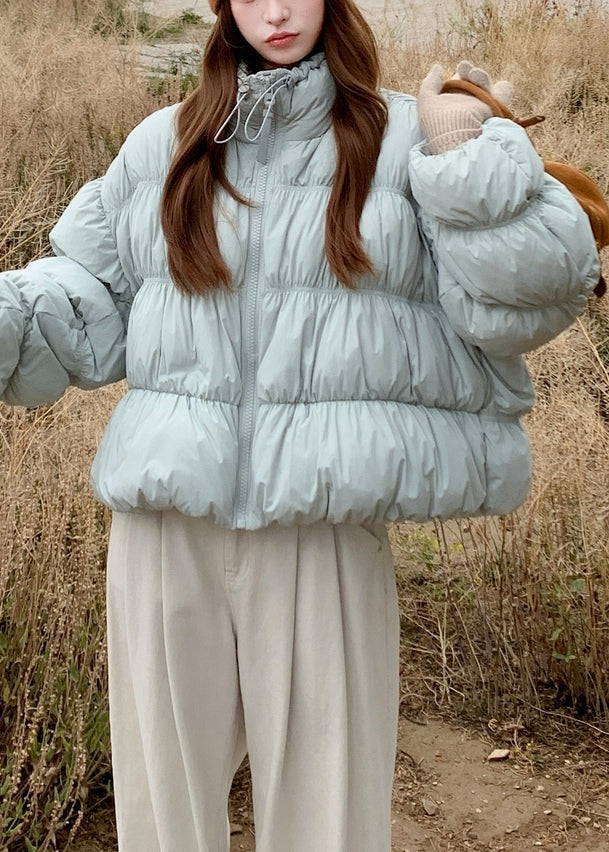 Abrigo acolchado de plumón de pato con cordón y arrugas azules de talla grande para invierno