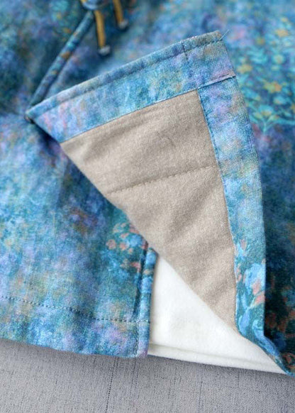 Plus Size Blauer Knopf V-Ausschnitt Print Feine Baumwollfüllung Mäntel Winter