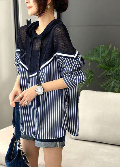 Blusa de punto con capucha y cordón azul de talla grande, con rayas y patchwork, para primavera