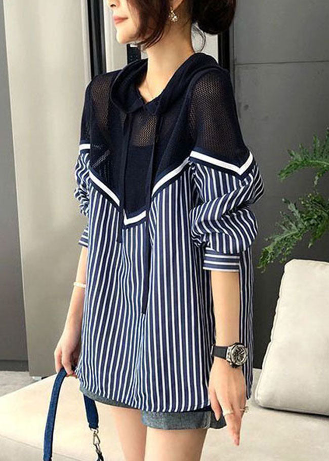 Blusa de punto con capucha y cordón azul de talla grande, con rayas y patchwork, para primavera