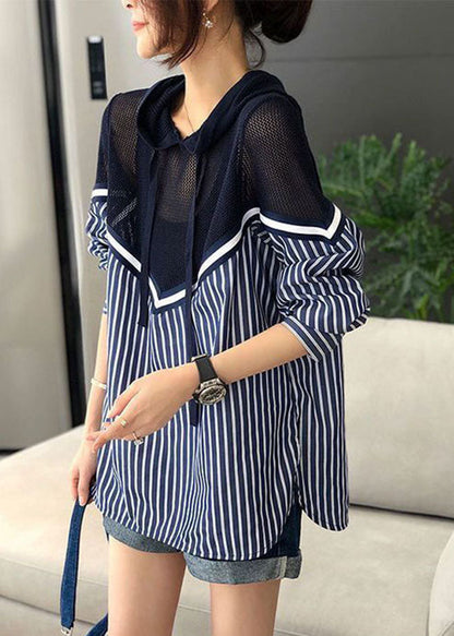 Blusa de punto con capucha y cordón azul de talla grande, con rayas y patchwork, para primavera