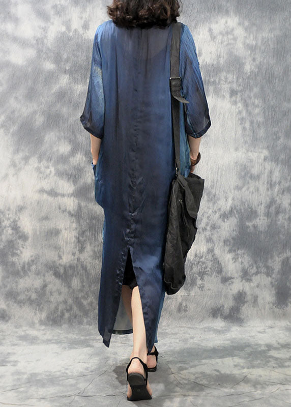 Plus Size Blue retro asymmetrical design Pockets Fall Maxi Dresses Half Sleeve