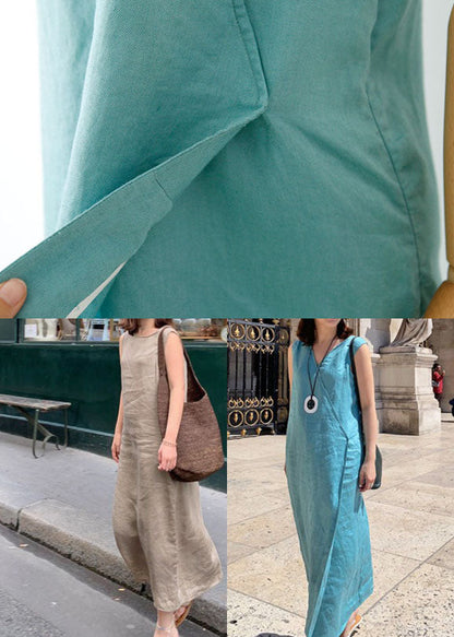 Plus Size Blue side open Linen Long Dress Sleeveless