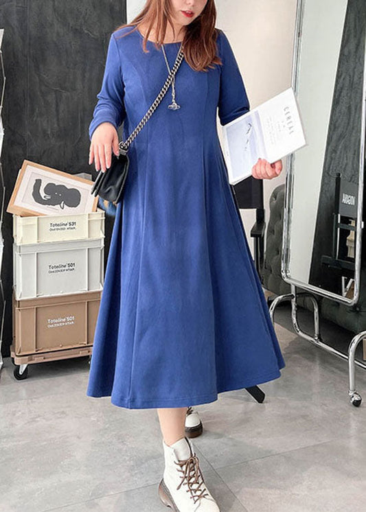 Plus Size Blaues, dickes, eng anliegendes Samtkleid für den Winter