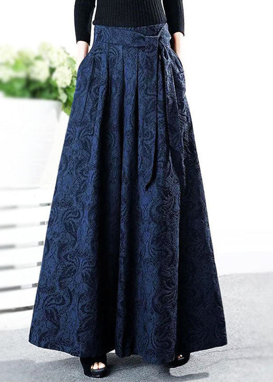 Plus Size Blaue Jacquard-Leinenhose mit Bindegürtel für den Winter