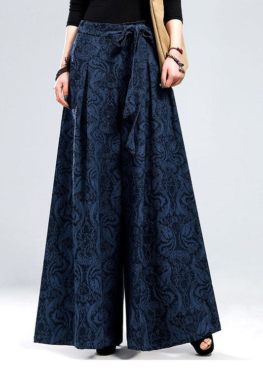 Plus Size Blaue Jacquard-Leinenhose mit Bindegürtel für den Winter