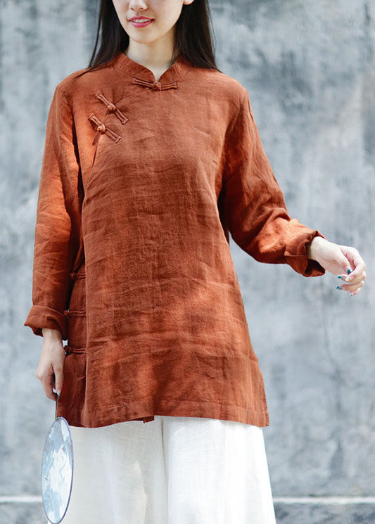 Plus Size Braune Leinenblusen mit Knöpfen Frühling