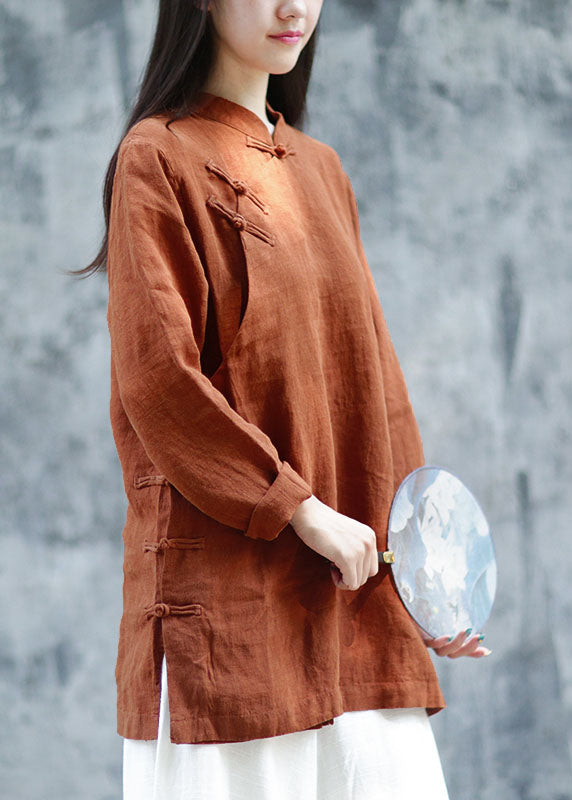 Plus Size Braune Leinenblusen mit Knöpfen Frühling