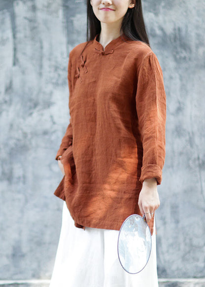 Plus Size Braune Leinenblusen mit Knöpfen Frühling