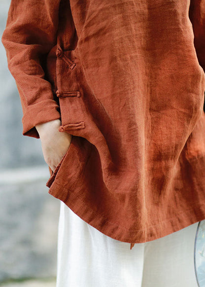 Plus Size Braune Leinenblusen mit Knöpfen Frühling