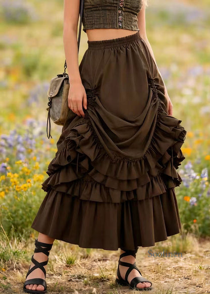Plus Size Brown Drawstring Ruffled Patchwork Cotton Skirt Spring