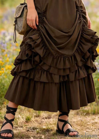 Plus Size Brown Drawstring Ruffled Patchwork Cotton Skirt Spring