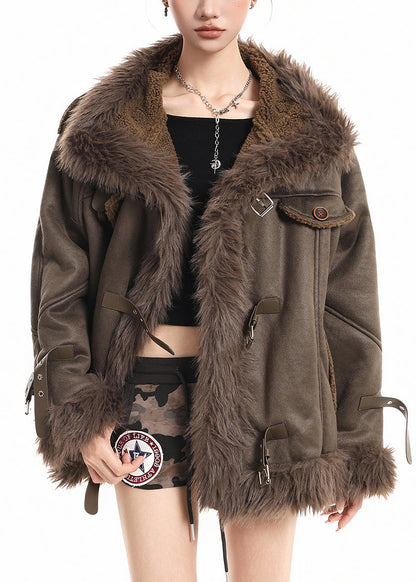 Plus Size brauner Fleece-Trenchcoat mit Kragen aus Kunstfuchs-Patchwork in Übergröße, warm und warm, für den Winter geeignet