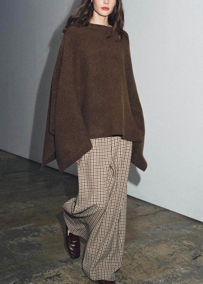 Plus Size Brown Oversized Knitted Tops Cloak Sleeves