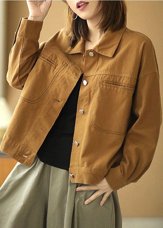 Plus Size Brown Peter Pan Collar Pockets Button Fall Coats Long Sleeve - SooLinen
