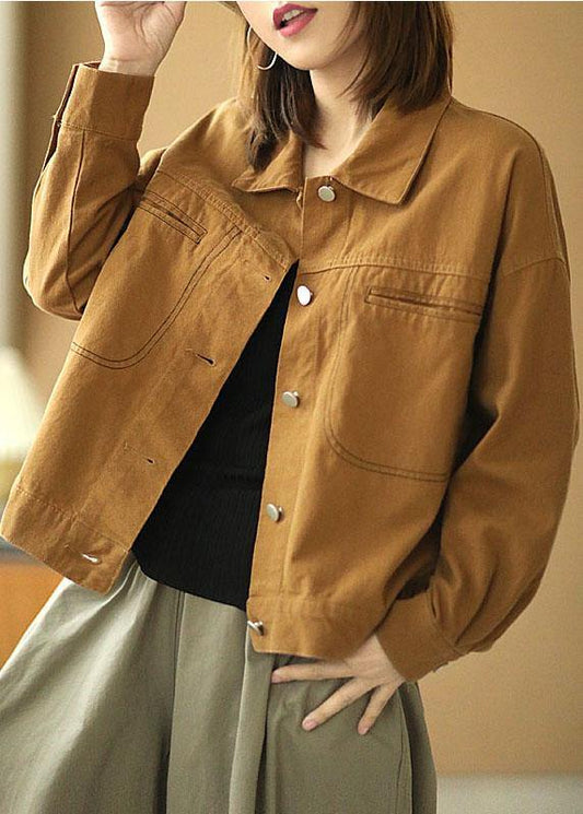 Plus Size Brown Peter Pan Collar Pockets Button Fall Coats Long Sleeve - SooLinen