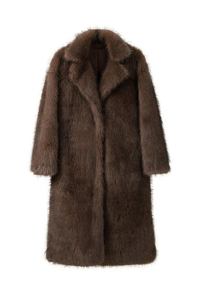 Plus Size Brown Peter Pan Collar Pockets Faux Fur Coats Winter