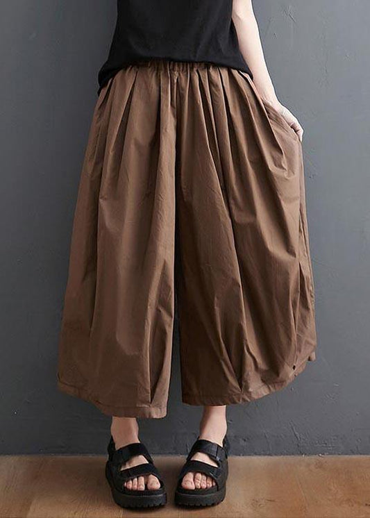 Plus Size Brown Pockets Wide Leg Pants Trousers Summer Cotton Linen - SooLinen