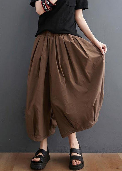 Plus Size Brown Pockets Wide Leg Pants Trousers Summer Cotton Linen - SooLinen