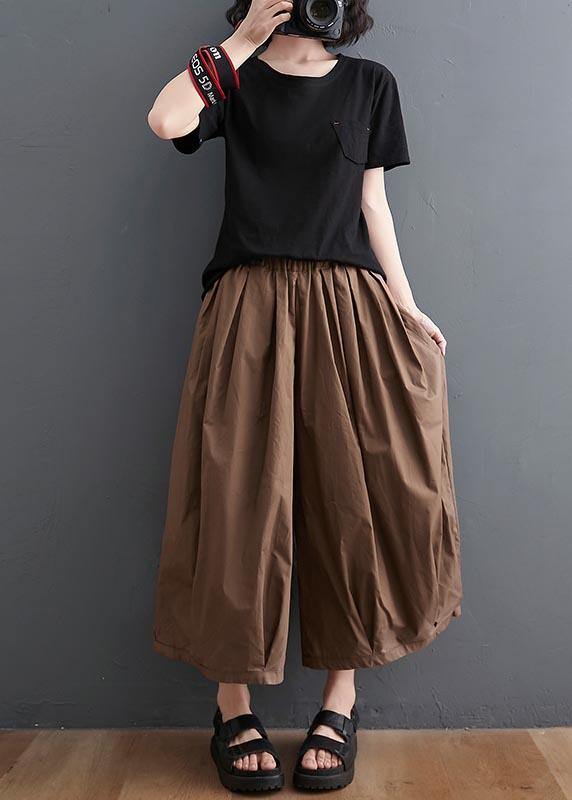 Plus Size Brown Pockets Wide Leg Pants Trousers Summer Cotton Linen - SooLinen