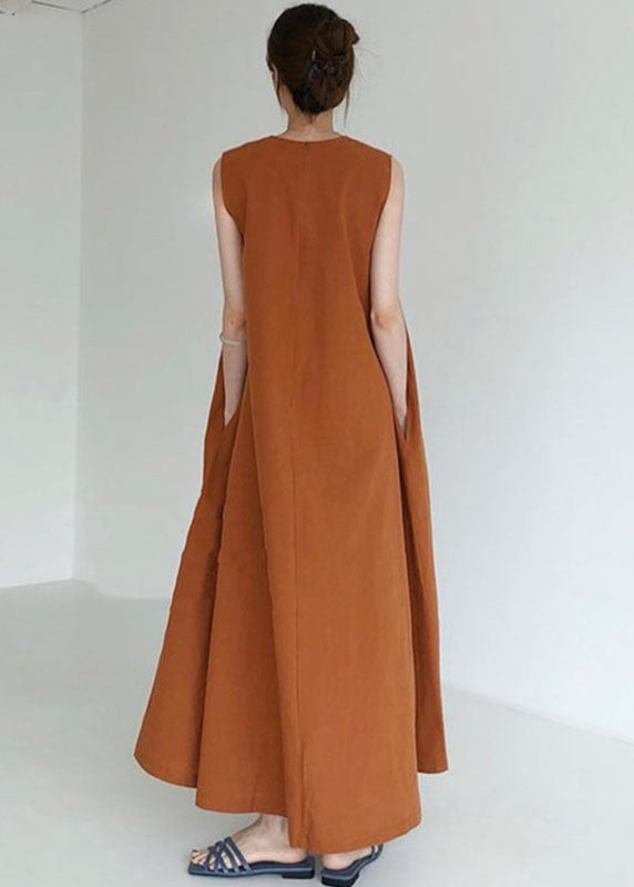 Plus Size Braun Rot Taschen Lockeres Baumwollkleid Ärmellos