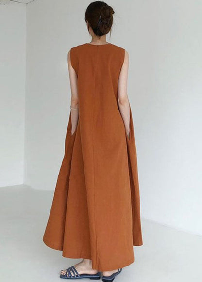 Plus Size Braun Rot Taschen Lockeres Baumwollkleid Ärmellos