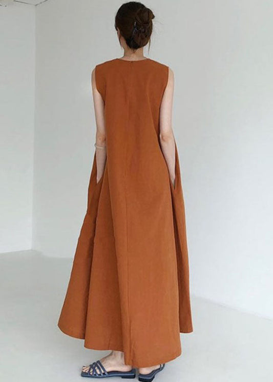 Plus Size Braun Rot Taschen Lockeres Baumwollkleid Ärmellos