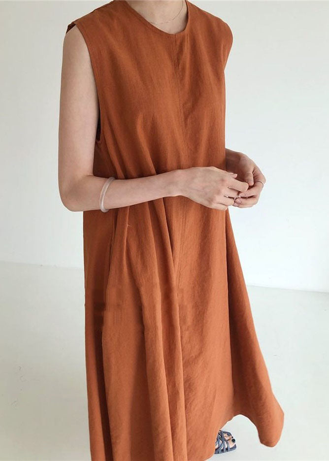 Plus Size Braun Rot Taschen Lockeres Baumwollkleid Ärmellos